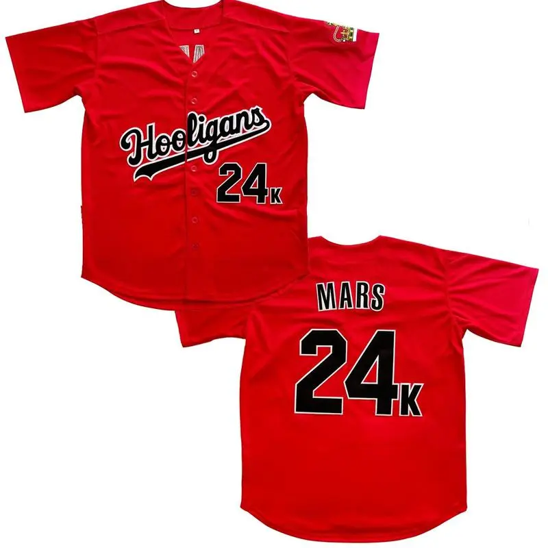 24K Mars Red And White Hooligans Hip Hop Rap Unisex Baseball Jersey Printed Couple Set Shirt Concert Baseball Top