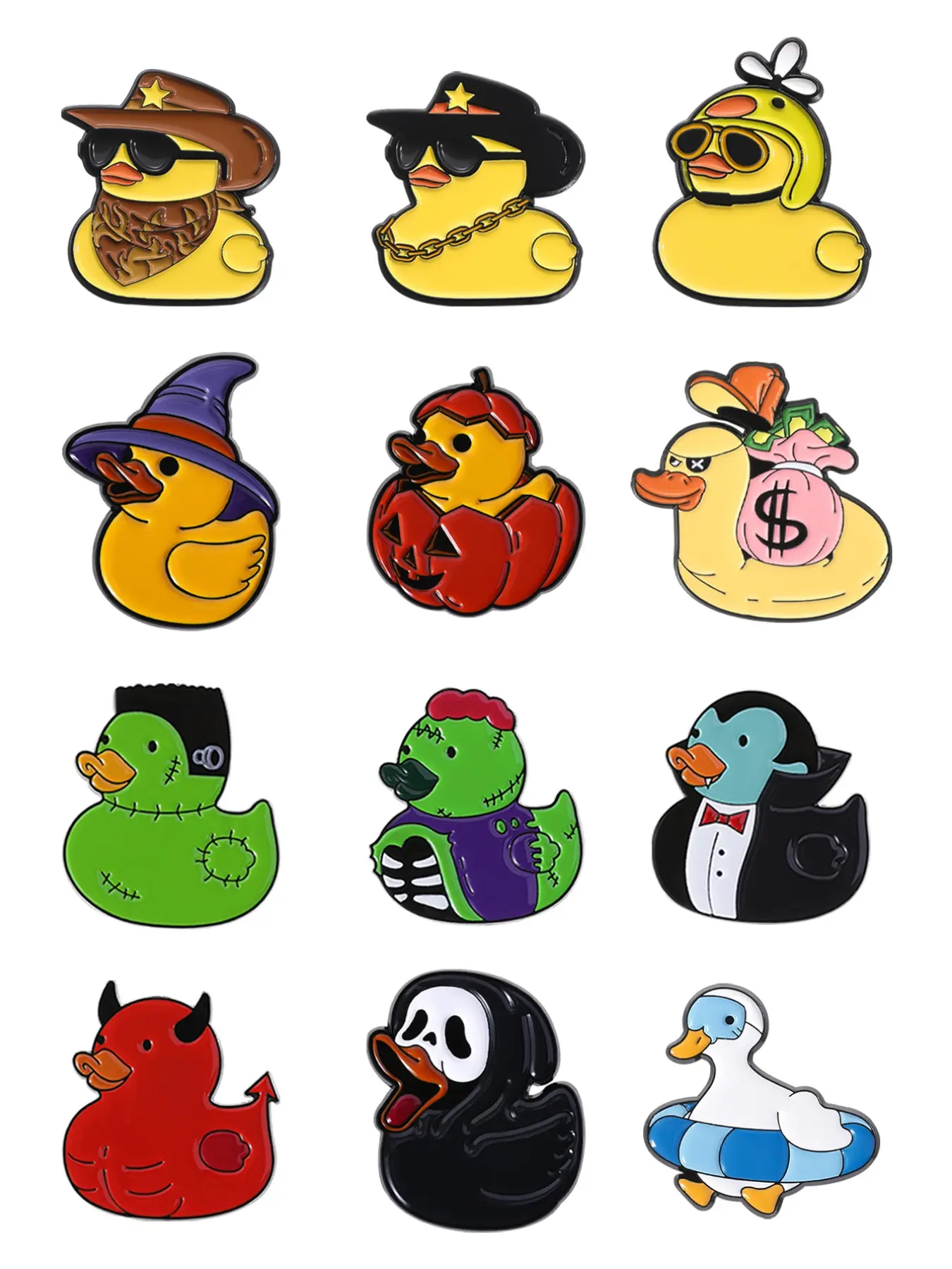 12-Piece Quirky Duck Pin Set, Fun Halloween Mix Cartoon Pins (devil/cowboy/rich Duck), Alloy Brooch Pin, Lapel Pins, Backpack Accessories & Party Essentials!