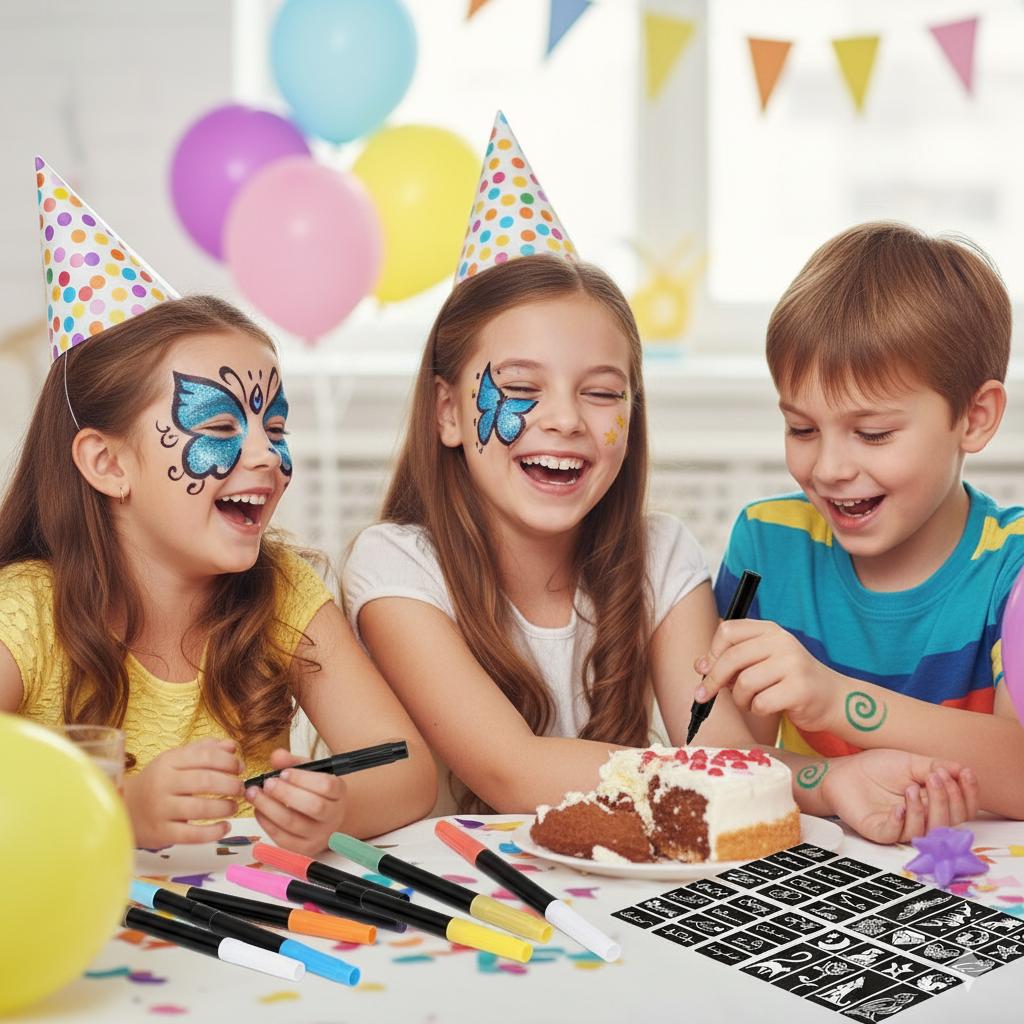 Multi-Functional Face & Body Paint Pens - Colored Markers for Drawing, Face Painting, Arm & Body Art with Reusable Tattoo Stencils, Bold & Delicate Lines for Art Parties School DIY Multi-Functional Face & Body Paint Pens - Colored Markers for Drawing, Face Painting, Arm & Body Art with Reusable Tattoo Stencils, Bold & Delicate Lines for Art Parties School DIY