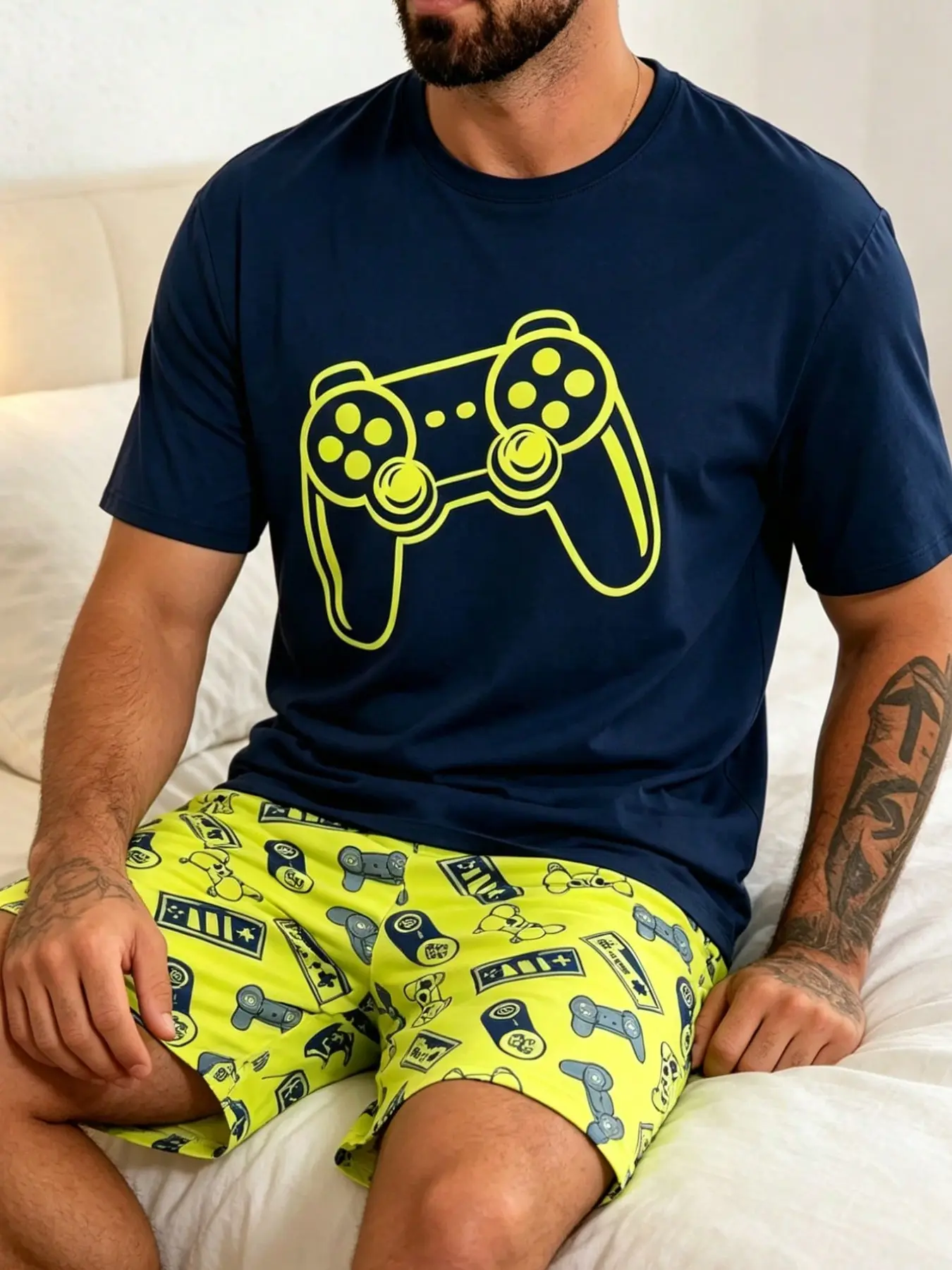 Men's Gaming Controller Print Pajama Set Pyjamas Pjs, Summer Short Sleeve Shorts Lounge Wear Loungewear, Two-Piece Casual Home Homewear, Comfortable Sleepwear