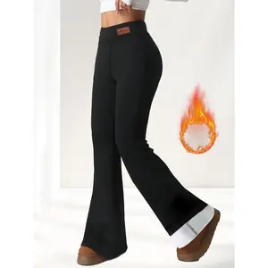 Thermal Insulation] Women's Winter Warm Fleece-Lined Flare Leg Pants - Thick High-Waisted Bell Bottoms with Stretch, Black, Casual Outerwear for Cold Weather, Winter Clothes Womenswear Fabric Spring Fitted