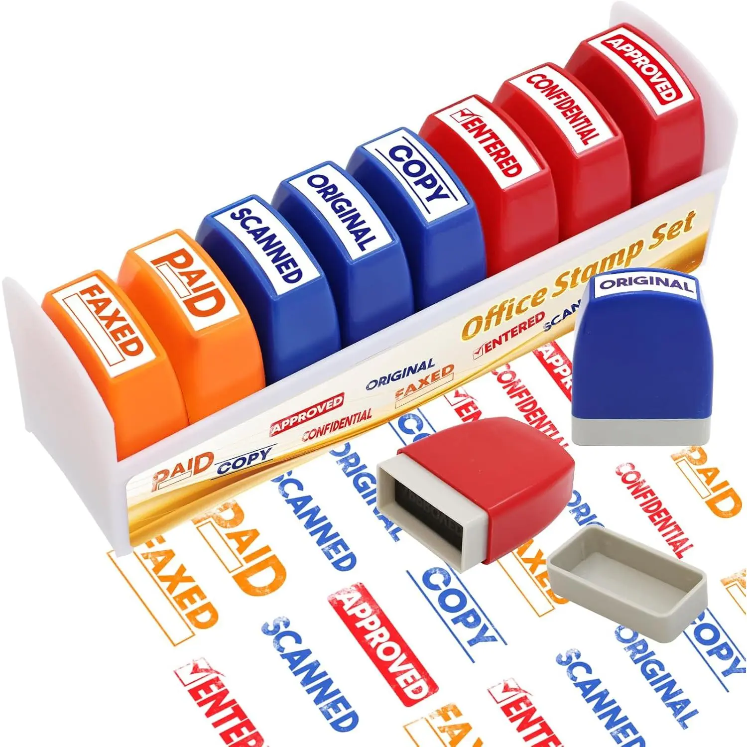 Compact Easy-to-Handle Self-Inking Stamp Set (8 Different Stamps with Bright Ink Text Phrases: Approved, Completed, Scanned, Faxed) with Storage Tray, Supplies for Coworkers