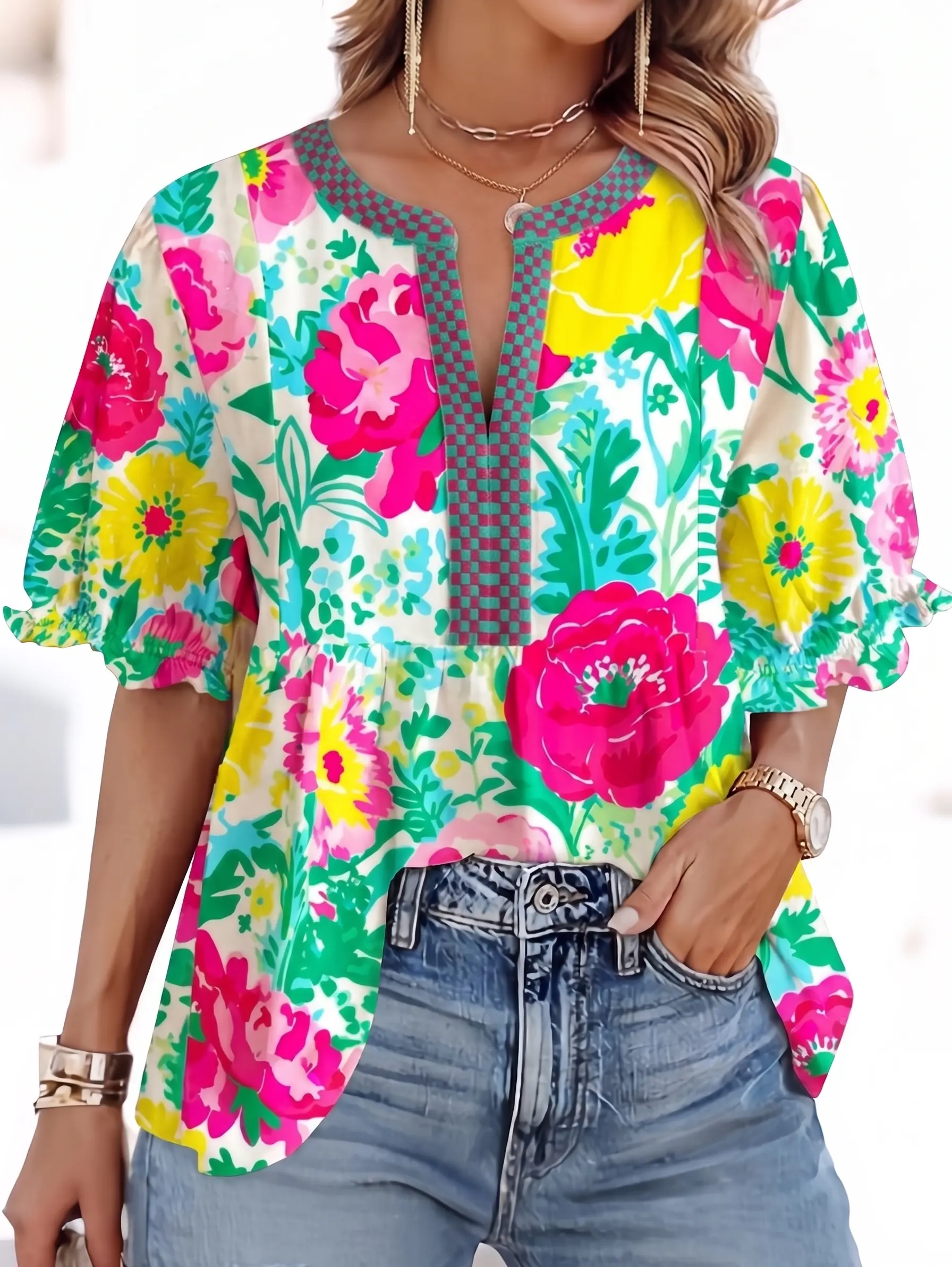 Women's Chic Petal Checkerboard Floral Blouse - Split Neck, Flared Short Bubble Sleeves, Contrast Binding, Graphic Design, Holiday Everyday Top, Machine Washable, Elastic Cuffs