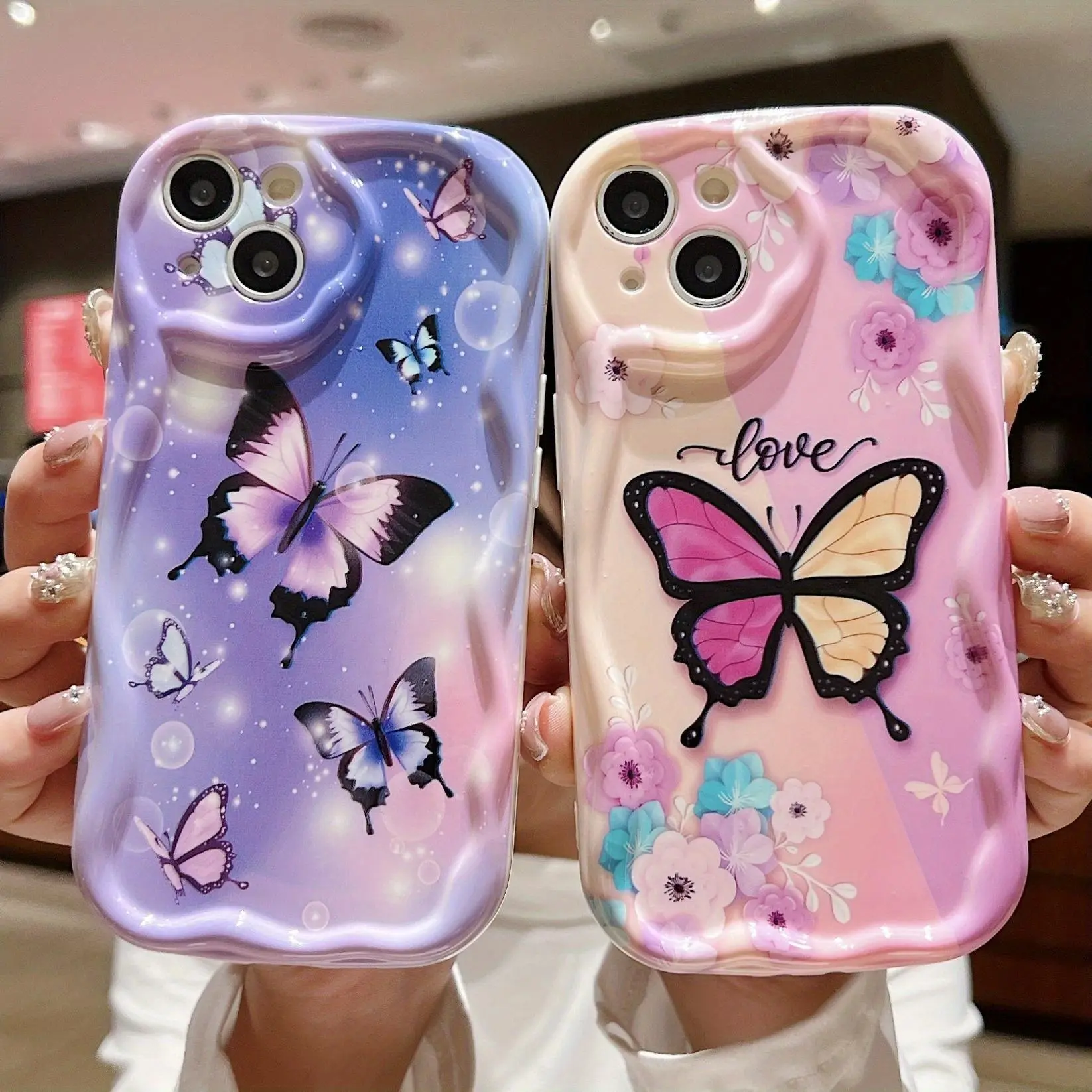Butterflies Pattern Straight-Edge Silicone Phone Case for iPhone 17/16 E Pro Max/15 Plus/14/13/12/11/Air - Shockproof, Non-Slip, Military-Grade Protection for Smartphones, Handheld Cellphone Devices
