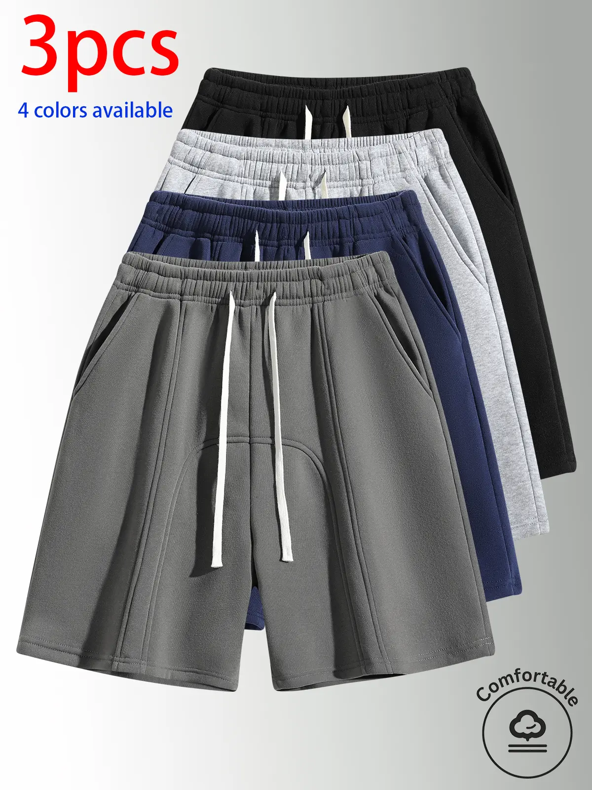 3-Pack Men's Shorts: Men's Casual Shorts, Men's Knee-Length Shorts, Men's Patchwork Shorts Elastic drawstring loose straight fit, cut-and-panel design, available in four colors; solid colors are versatile and suitable for home wear, strolling, workouts/ru