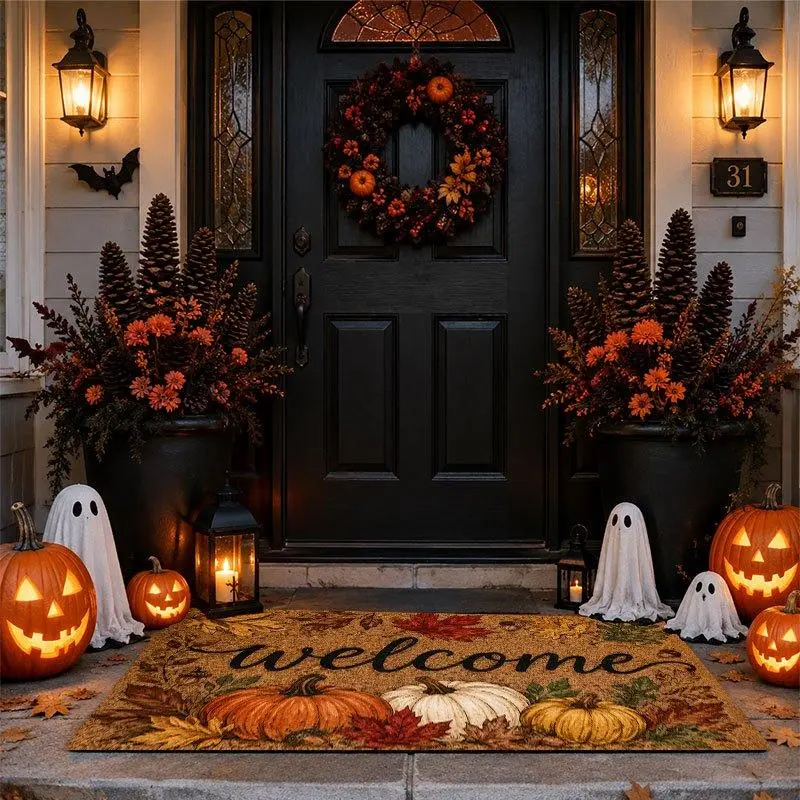 1pc Non-Slip Machine Washable Doormat - Autumn Maple Leaves & Pumpkin Welcome Design, Soft Texture, for Entryways, Fall Home Decor