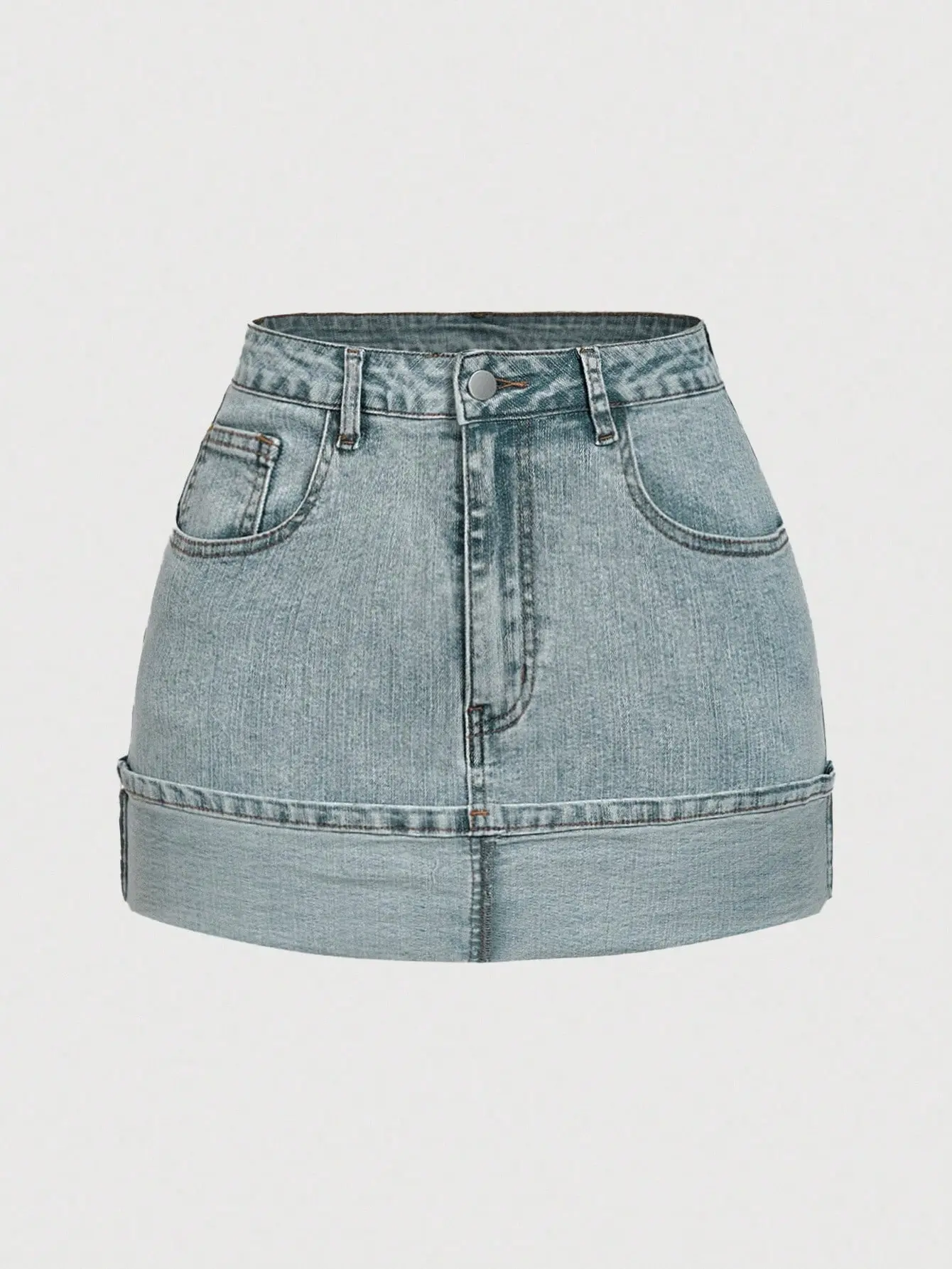 Women's Casual Versatile Denim Mini Skirt With Pockets And Rolled Hem