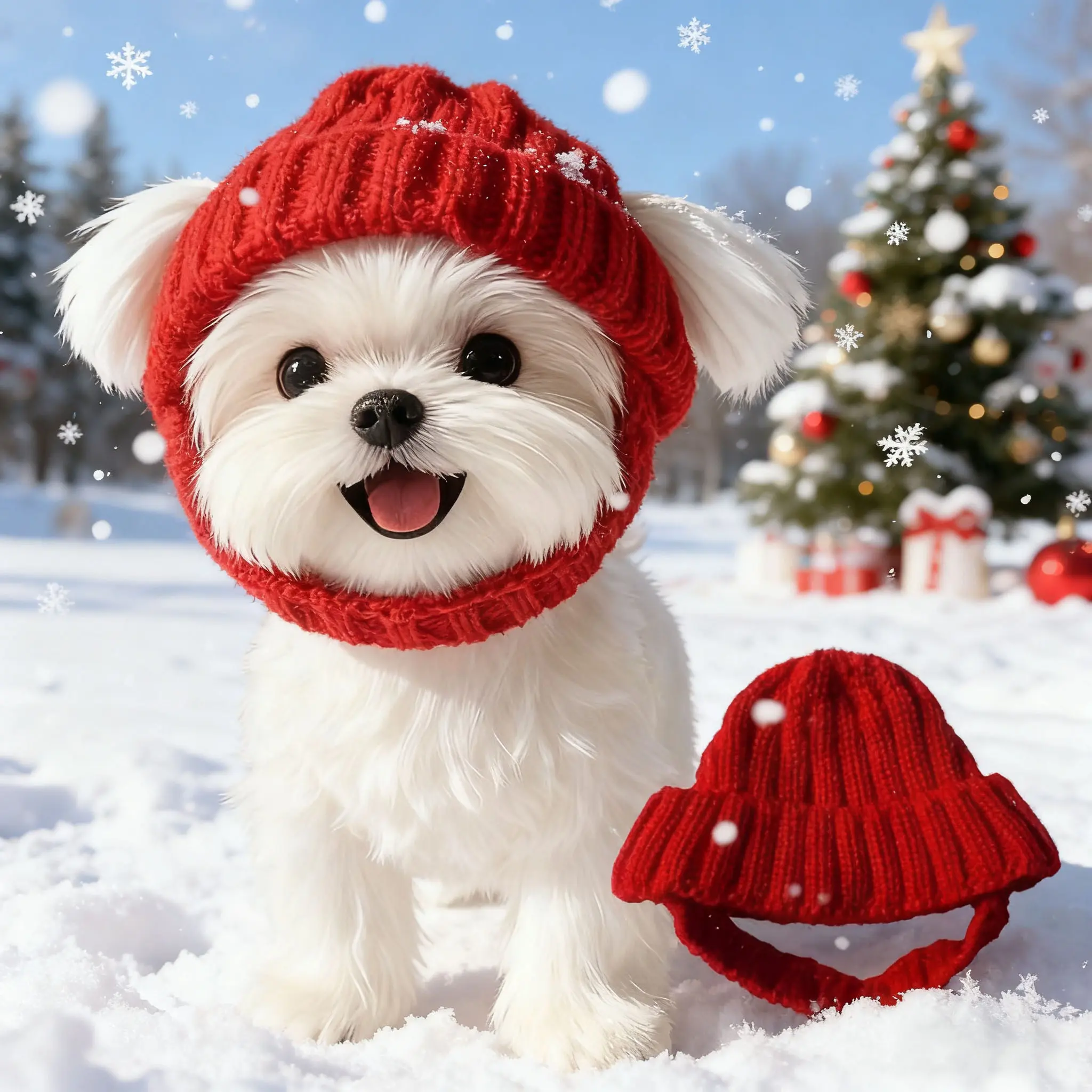 Cute Maltese Small Dog Beanie Hat - Red Soft Knit Ear Flap, Warmth Cozy Acrylic Cold Weather Accessory, Machine Washable Winter Pet Fashion