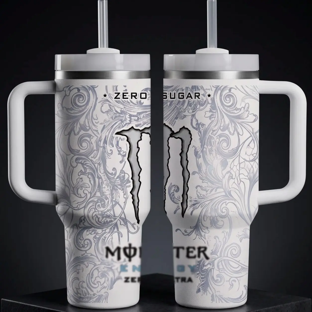 White M0nster Energy Drink 40oz/30oz Tumbler with Handle & Straw, Stainless Steel Insulated Travel Mug, Double-Wall Vacuum Cup for Energy Drink Fans