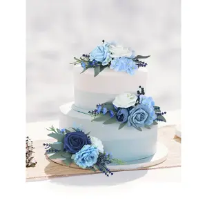 Rinlong 3Pcs Blue Rose & Hydrangea Cake Flowers Set