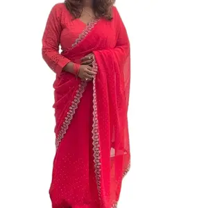 Sirowski Red Georgette Saree with White Polka Dots Perfect for Any Occasions or Parties Lightweight Fabric
