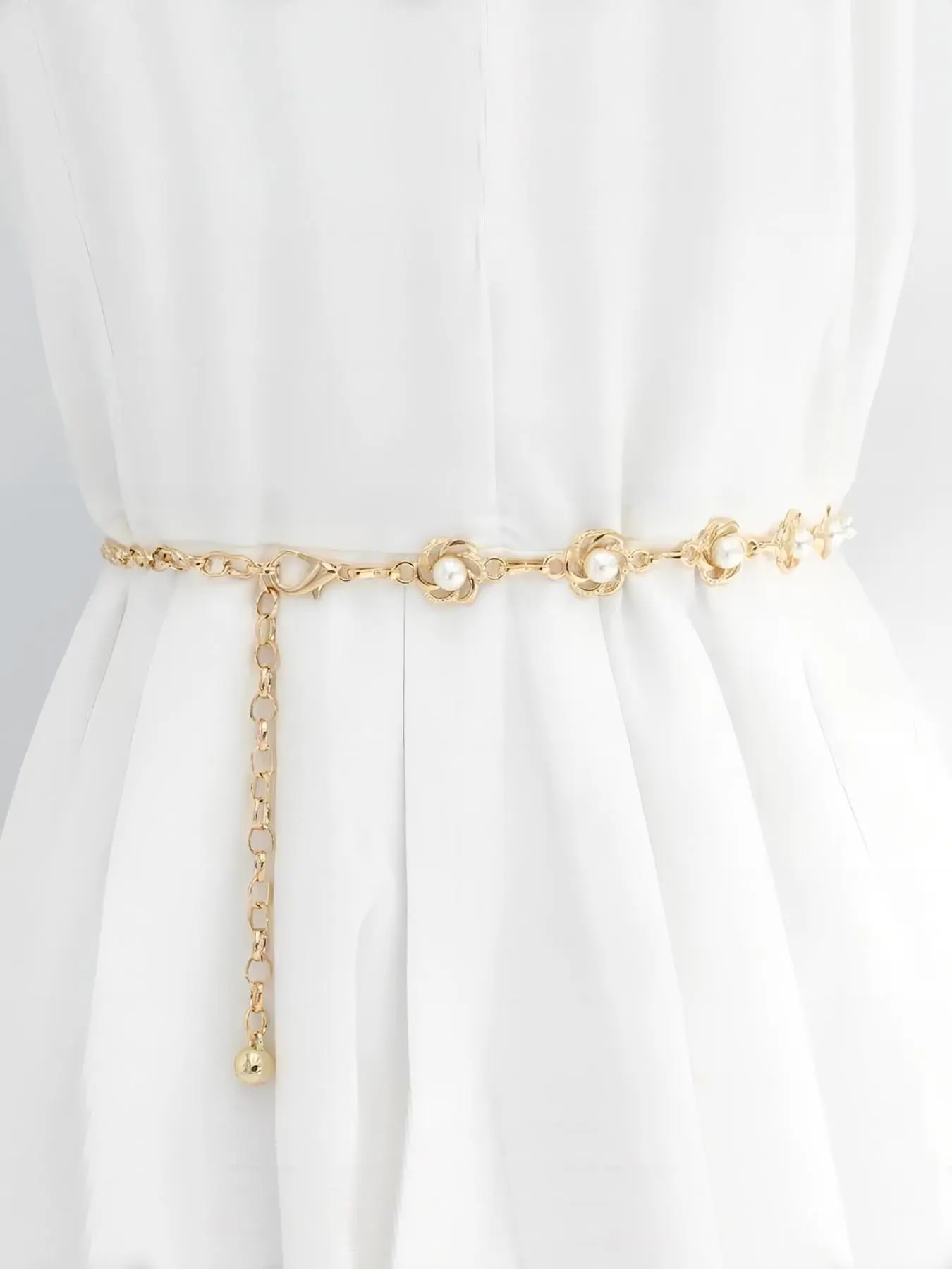 Women's Imitation Pearl Flower Metal Waist Chain, Elegant Fashion Accessory, Versatile and Decorative, All Seasons Wear Statement Belts, Trendy Belt, Design Belt, Alloy Belt