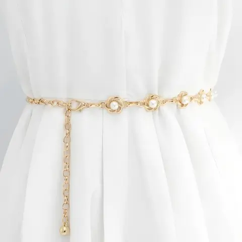 Women's Imitation Pearl Flower Metal Waist Chain, Elegant Fashion Accessory, Versatile and Decorative, All Seasons Wear Statement Belts, Trendy Belt, Design Belt, Alloy Belt