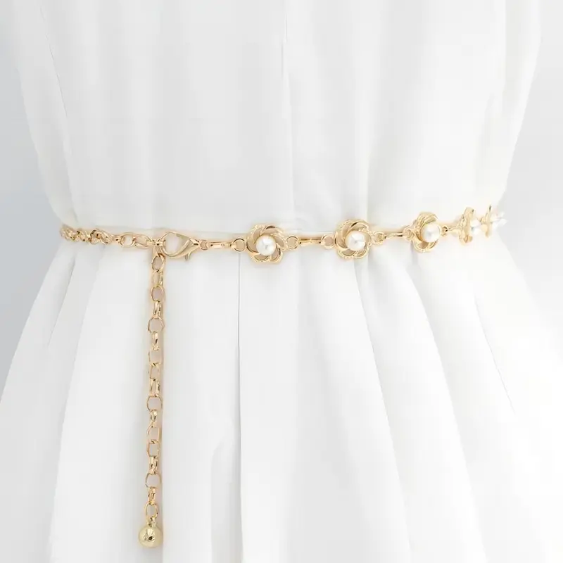 Women's Imitation Pearl Flower Metal Waist Chain, Elegant Fashion Accessory, Versatile and Decorative, All Seasons Wear Statement Belts, Trendy Belt, Design Belt, Alloy Belt