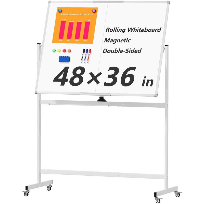 Large Rolling Whiteboard on Wheels, 48" x 36" Double-Sided Mobile White Board with Stand, 4' x 3' Portable Standing  Dry Erase Board Easel for  Office Classroom School,