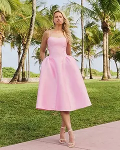 Satin Sweetheart Basque Waist Midi Fit and Flare Dress with Pockets pink lady