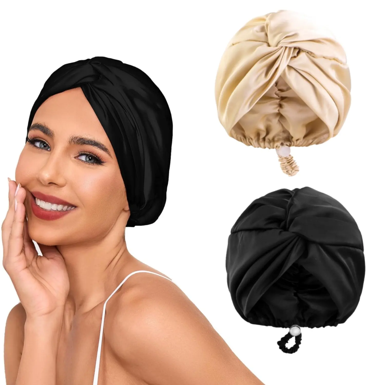 2Pcs Elastic Adjustable Silk Satin Hair Bonnet for Sleeping - Double Layer Hydrating Shine Enhancing Hair Wrap Turban for Women, Home Improvement Haircare Accessory (Champagne/Black)