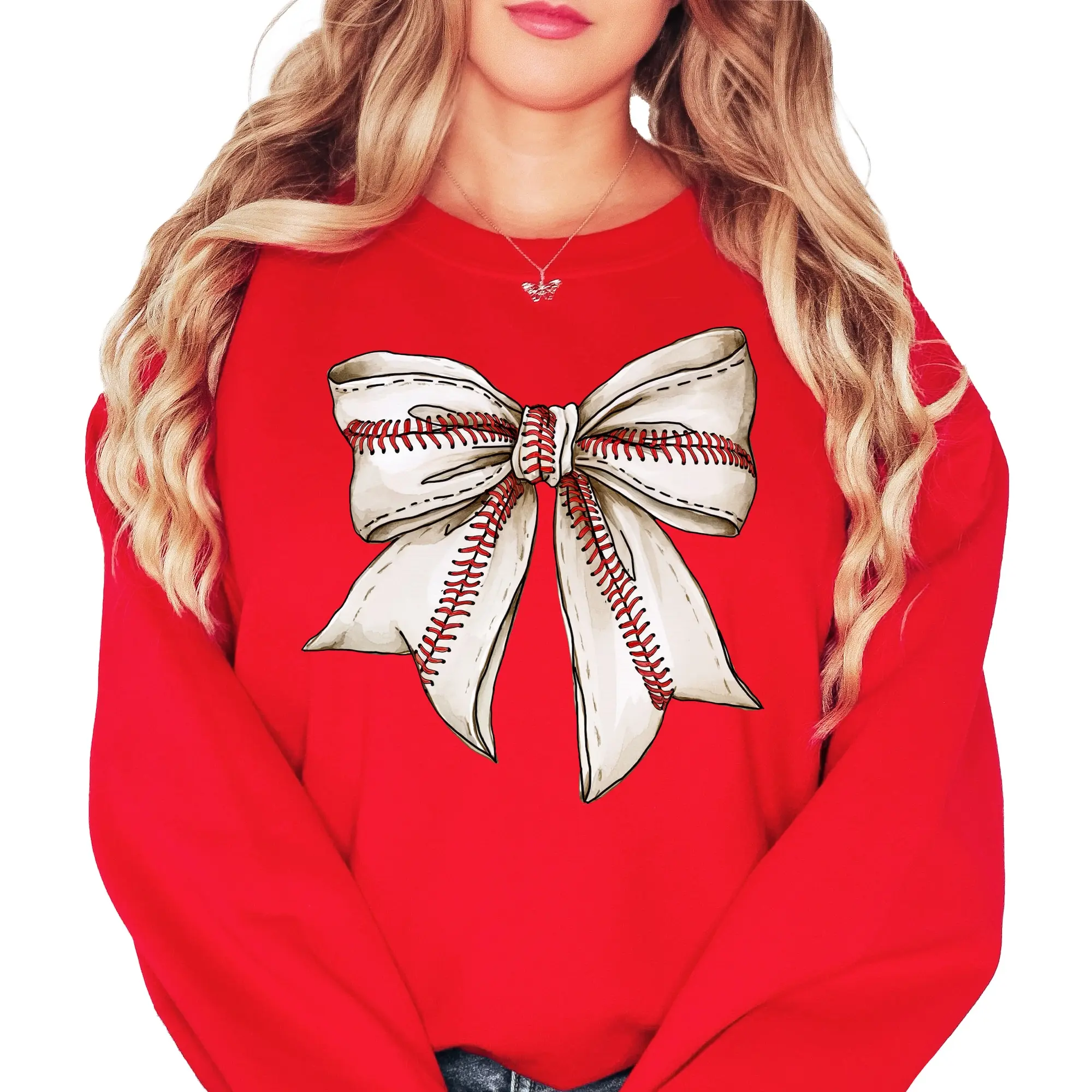 Baseball Coquette Bow Sweatshirt for Women and Teens in Red or Gray - Girly Baseball Sweater - Trendy Baseball Mom Pullover - Crewneck Long Sleeve