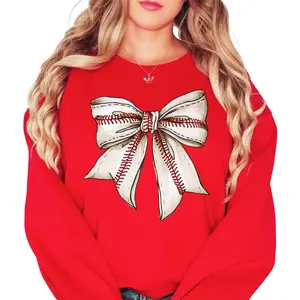 Baseball Coquette Bow Sweatshirt for Women and Teens in Red or Gray - Girly Baseball Sweater - Trendy Baseball Mom Pullover - Crewneck Long Sleeve