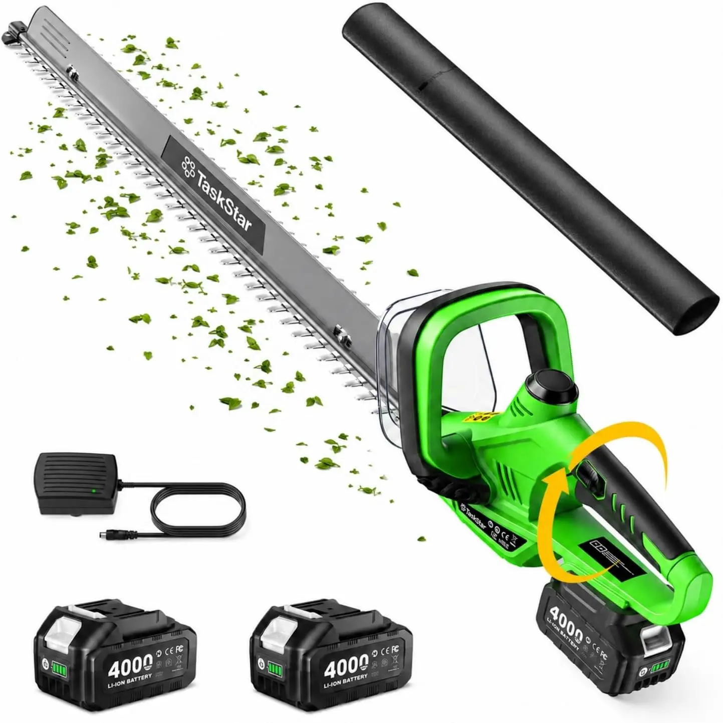 TaskStar 22" Hedge Trimmer Cordless with Debris Remover, Rotatable Handle | Dual-Action SK5 Blade 20V Electric Bush Trimmer, All-Around Trimming, 2x4.0Ah Rechargeable Battery Hedge Clippers for Shrub