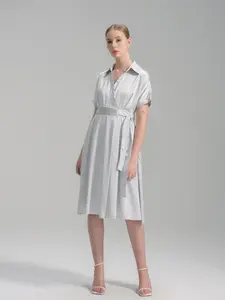 High Waist Satin Wrap Midi Dress with Tie Belt