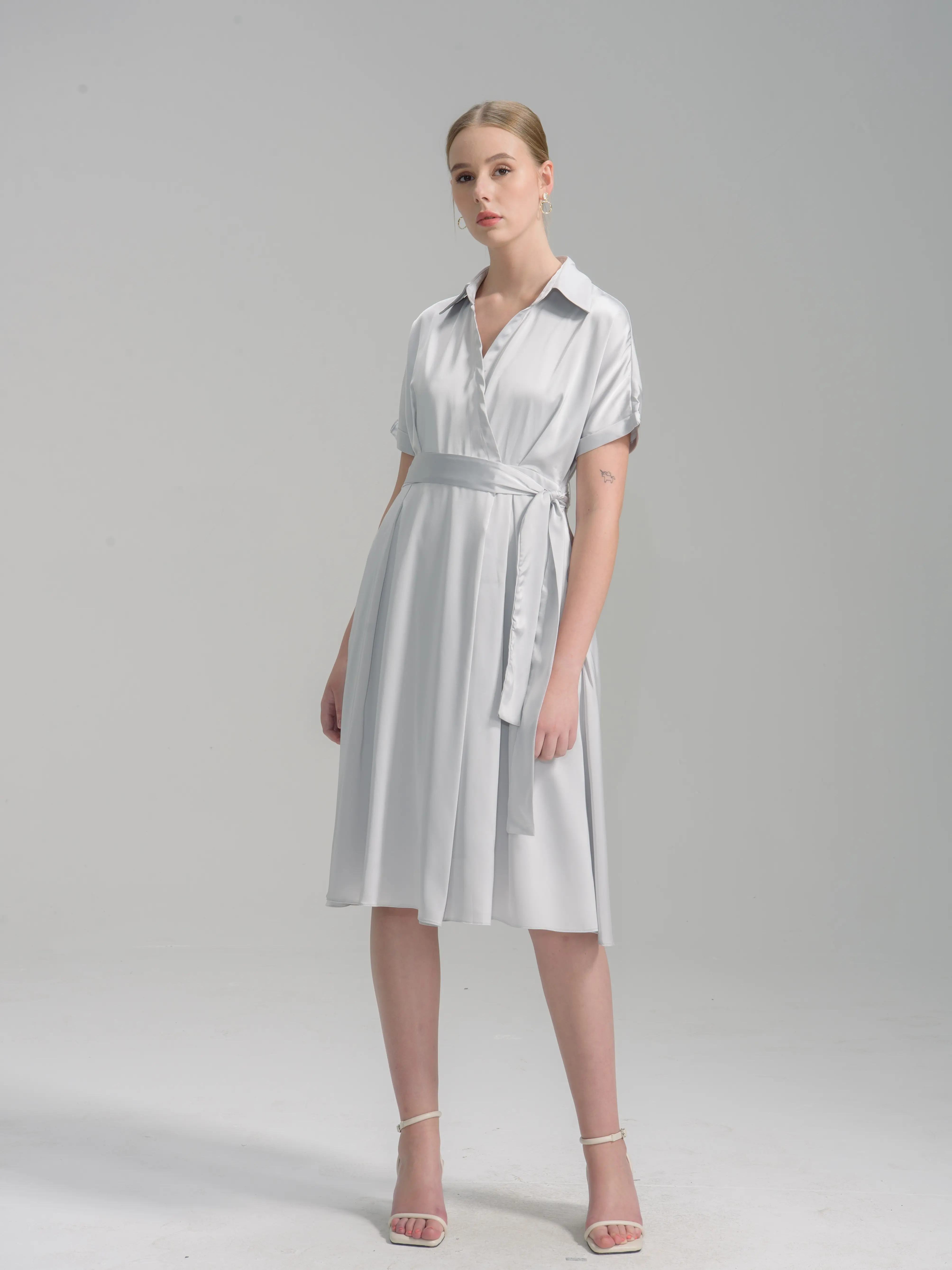 High Waist Satin Wrap Midi Dress with Tie Belt