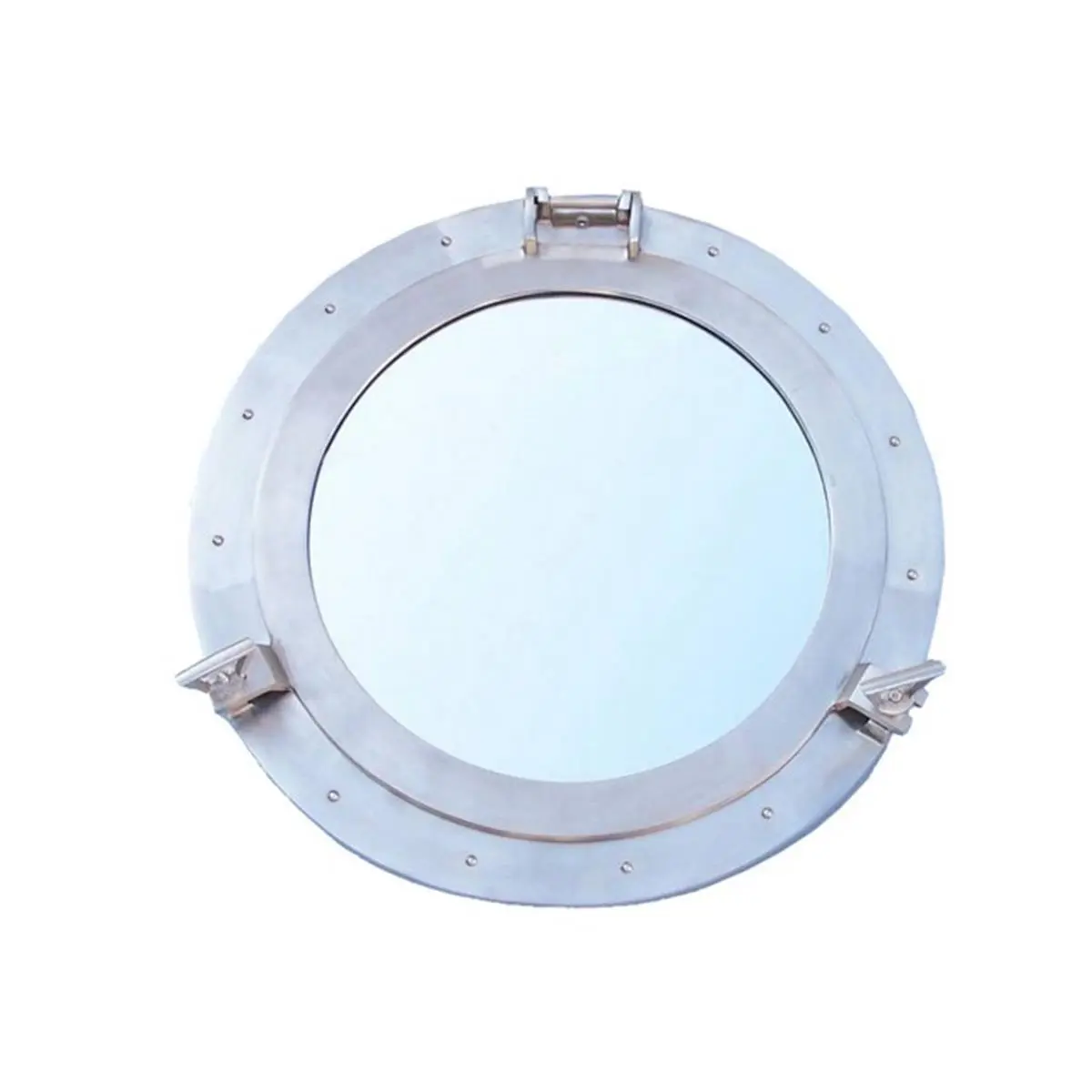 212 MAIN Handcrafted Brushed Nickel Antique Nautical Porthole Wall-Mount Round Mirror - 24 in. Glass Bathroom Mirror with Open-Close Function, Decorative for Room & Bathroom Use