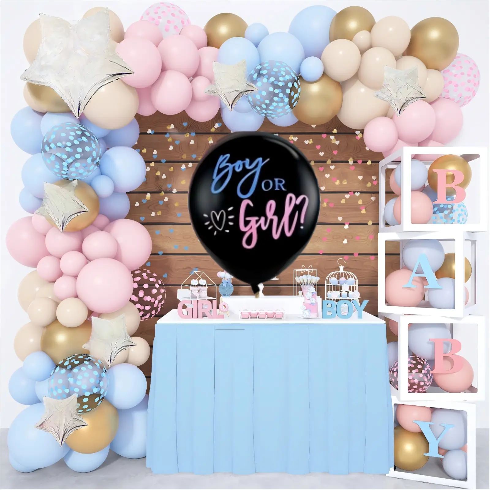 164PCS Gender Reveal Balloon Boxes Decorations, Pink and Blue Balloon Garland Kit 4pcs Boxes with Letters (A-Z+Baby) for Baby Shower Birthday He or She Gender Reveal Party Supplies