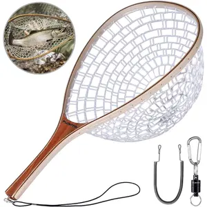 Fly Fishing Net, Wooden Frame Fishing Landing Net with Magnetic Release, Soft Rubber Mesh Net for Trout Bass Catch and Release, Magnetic Fly Fishing Gear
