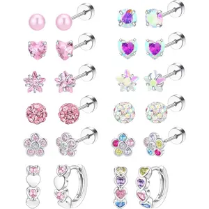 Women's Hypoallergenic Small Stud & Hoop Earrings Set - Silver Huggie Hoops, Pink Colorful CZ Surgical Steel Screwback/Flat Back Earrings for Sensitive Ears with Cute Danglers
