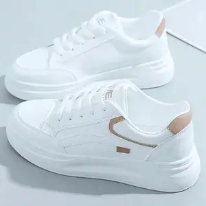 Plus Size Women White Casual Sneakers, Versatile Student Sports Shoes, Flat Fashion Lace-Up Trainers