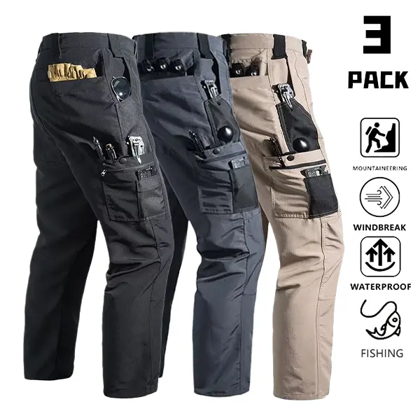 Men’s 3-Pack Multi-Pocket Tactical Pants – Windproof, Waterproof, Wear-Resistant Straight-Leg Cargo Pants for Outdoor Hiking, Fishing, and Functional Combat Use