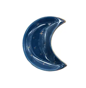 Blue Or Black Ceramic Crescent Moon And Stars Jewelry Tray Dish