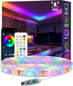 16.4FT Ws2812 RGB+IC LED Strip Lights IP68 Outdoor Waterproof, 5V USB Powered, Music Sync Bluetooth APP/RF Remote Control Lights for Balcony,Deck,Camping,Garden,Bedroom Decor