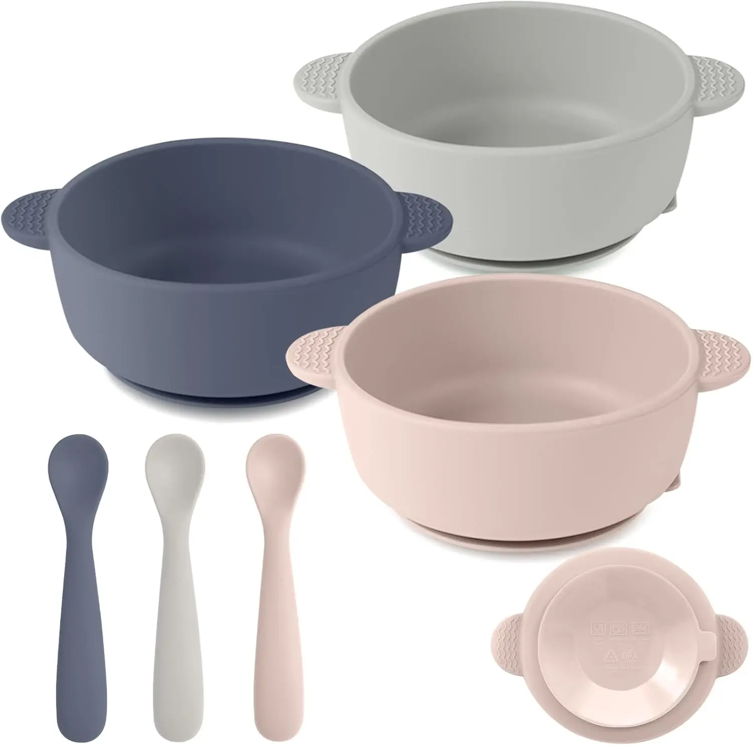 New Silicone Baby Feeding Set,3 Pack Bowls with Suction and 3 Pack Baby Spoons for Babies Toddlers Kids,Feeding Supplies