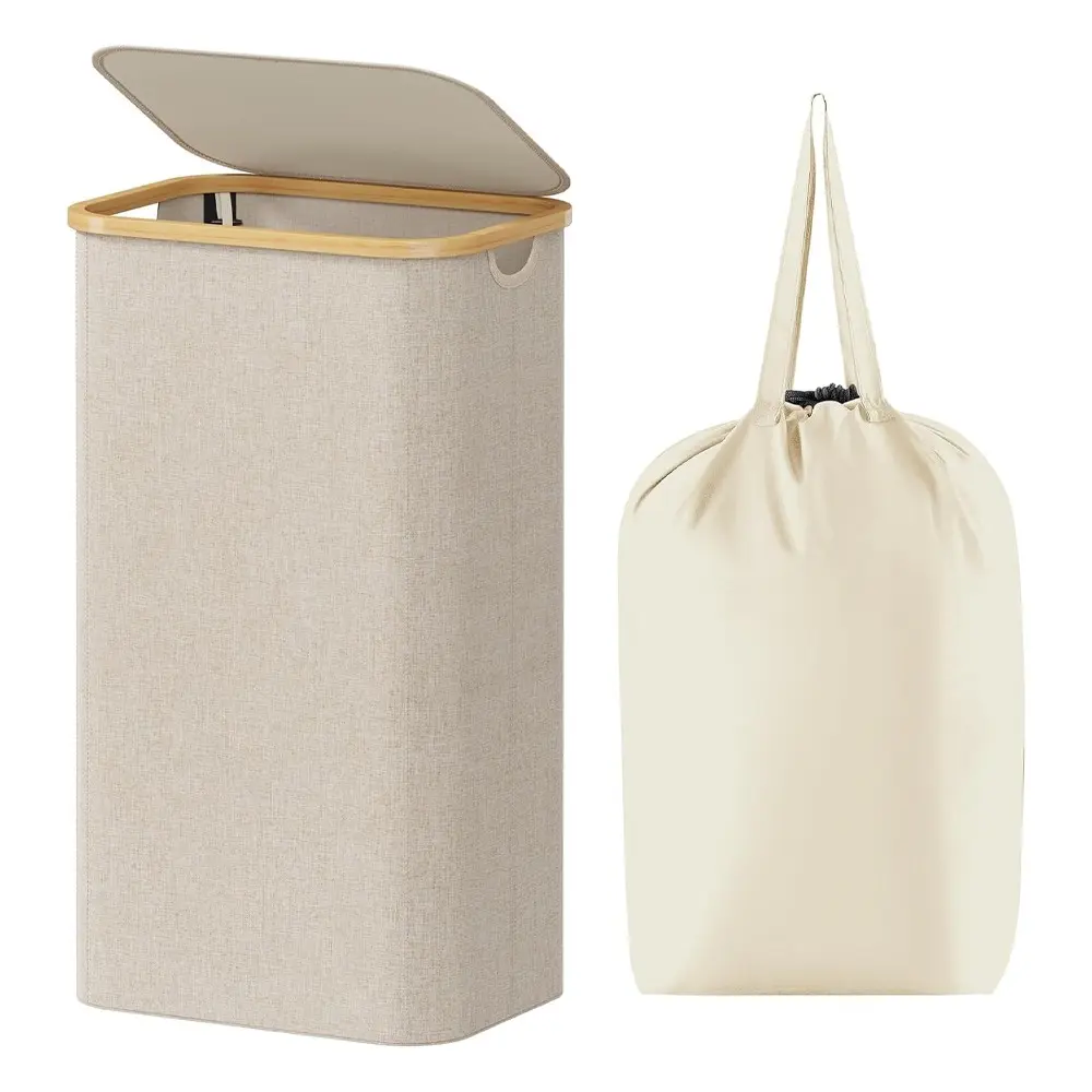 1pc Ion Fabric Bamboo Laundry Basket, Laundry Bin, Laundry Hamper, Detachable Liner Bag, Foldable Design, Reinforced Edges, Multifunctional Storage for Bedroom Bathroom