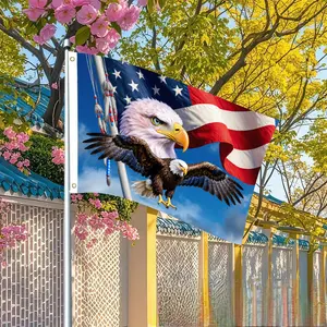 1pc  National FlagStylized American Bald Eagle in Flight with US Flag & Native American Feather Flagpole, Partly Cloudy Sky BackgroundCelebration Banners, Outdoor Decorations, Wall Mounted