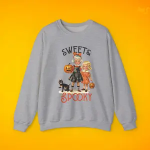 Sweet and Spooky Vintage 1950s Little Girls and Black Cat Unisex Heavy Blend Crewneck Sweatshirt - Classic Collar Cotton Fabric Menswear Comfy Hoodie Polyester Women Lady Long Sleeve Womenswear Sweaters Tops