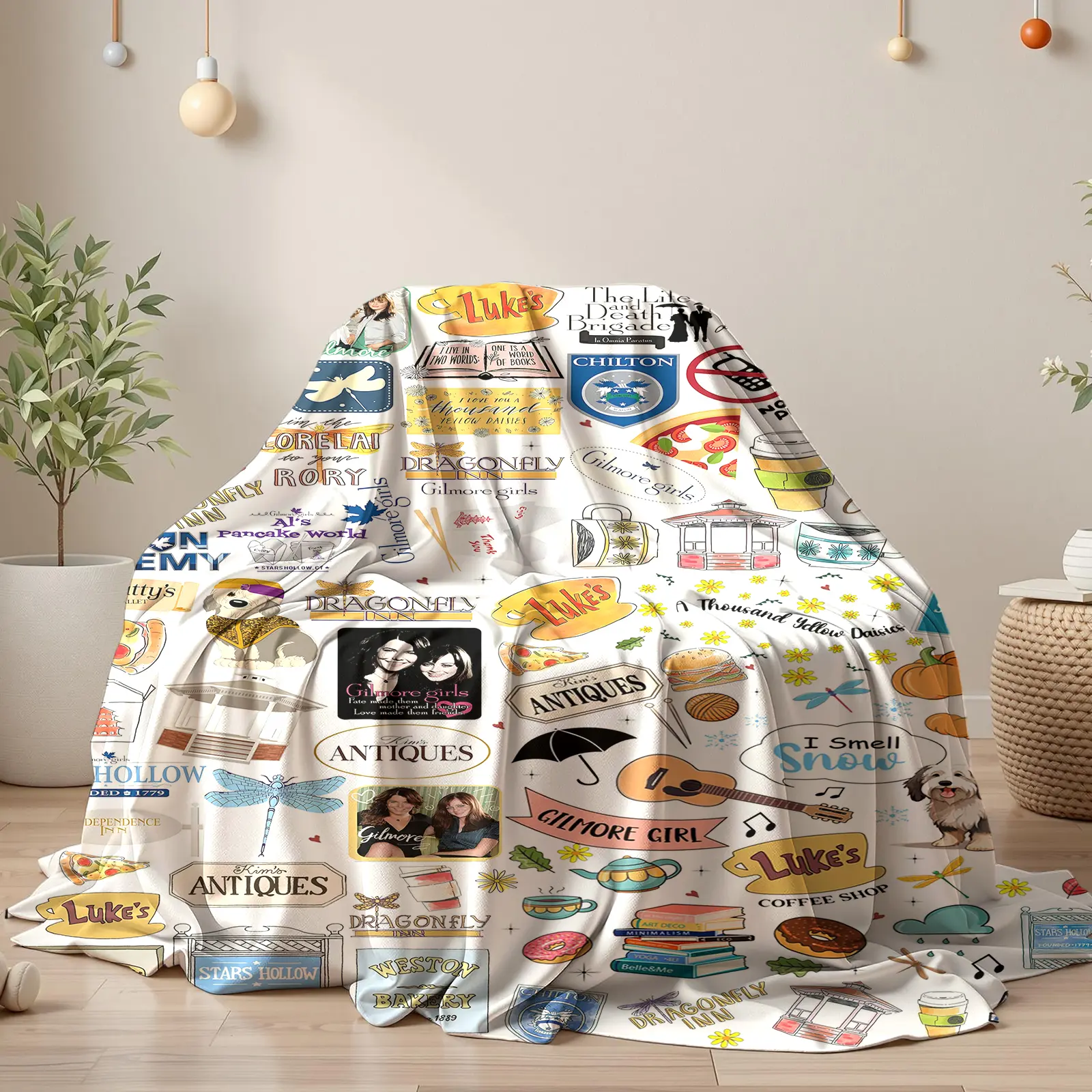 Gilmore Girls Luke’s Diner Coffee Cup Pattern Comfy Bedding Blanket, Gilmore Girls TV Show Foodie Themed Flannel Blanket,Soft Warm Napping Blanket for Home Office Travel Camping