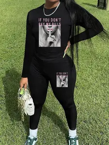 【Plus Size】 Two-Piece Set Letter Figure Print Tee & Elastic Waist Skinny Pants Set, Casual Round Neck Long Sleeve Top & High Waist Trousers, Women's Fall & Winter Clothes, Casual Lounge Set