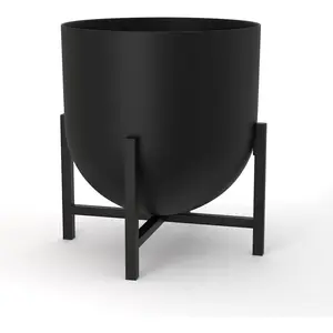 Pot with  Stand - Metal  Pots Indoor Planter 22cm Large Flower Pot (Black)