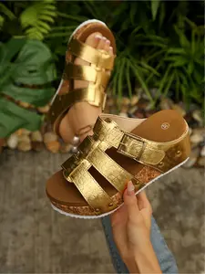 Metallic Croc Embossed Cork Wedge Sandals for Women - Adjustable Buckle Open Toe Platform Slides for Casual & Vacation Classy Sandal