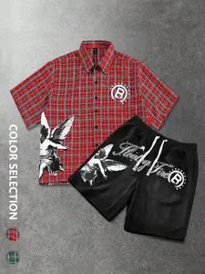 Vintage College Style Plaid Angel Print Set, Plaid Short Sleeve Shirt + Shorts, Loose Fit Unisex Casual