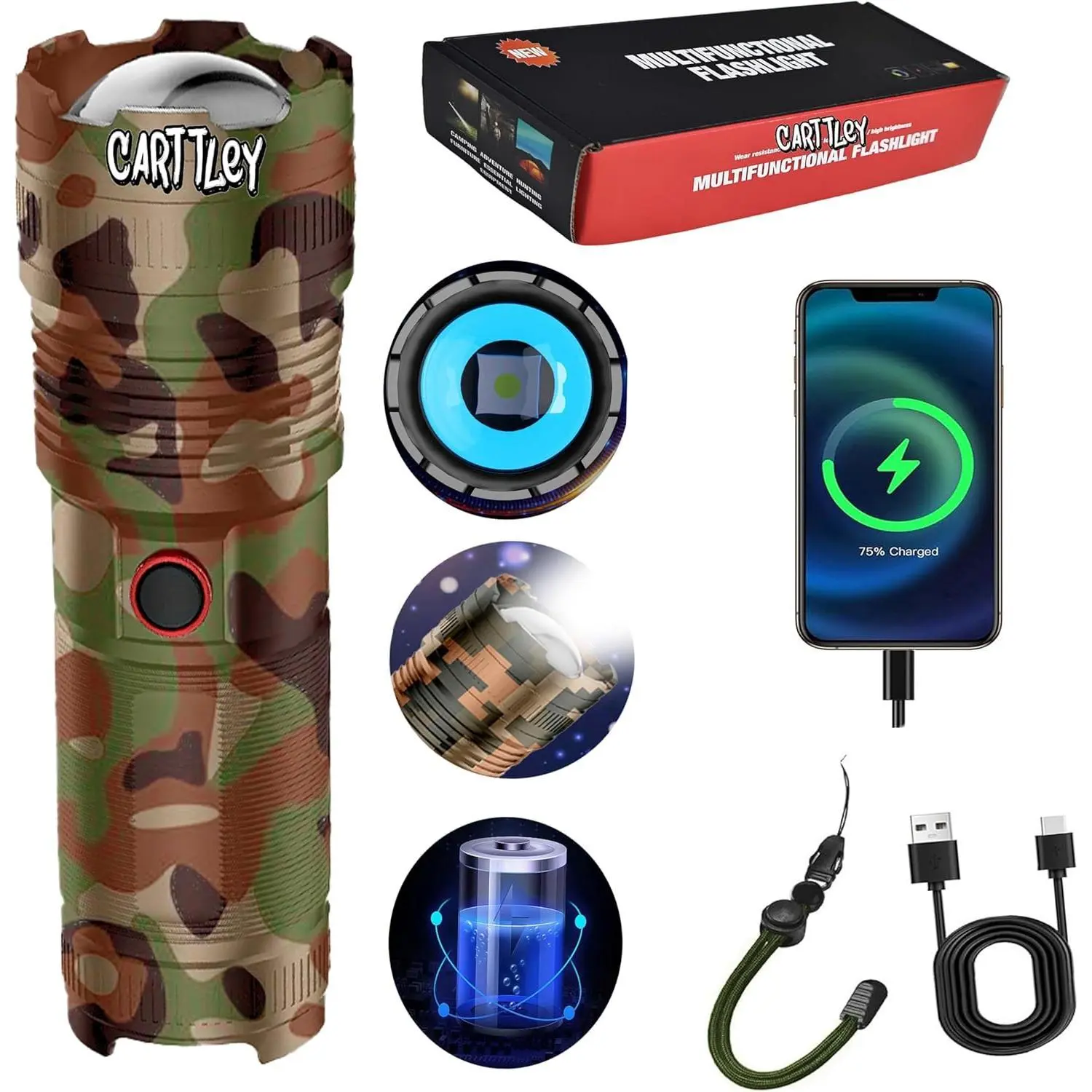 Multifunctional 300000 Lumens Tactical Aluminum LED Flashlight - USB-Solar Rechargeable, Bright & Focused Beam, Zoomable, 5 Light Modes (Strobe), Customizable Brightness, IP67 Waterproof Outdoor Handheld Torch with USB Cable for Camping, Emergencies, 3000