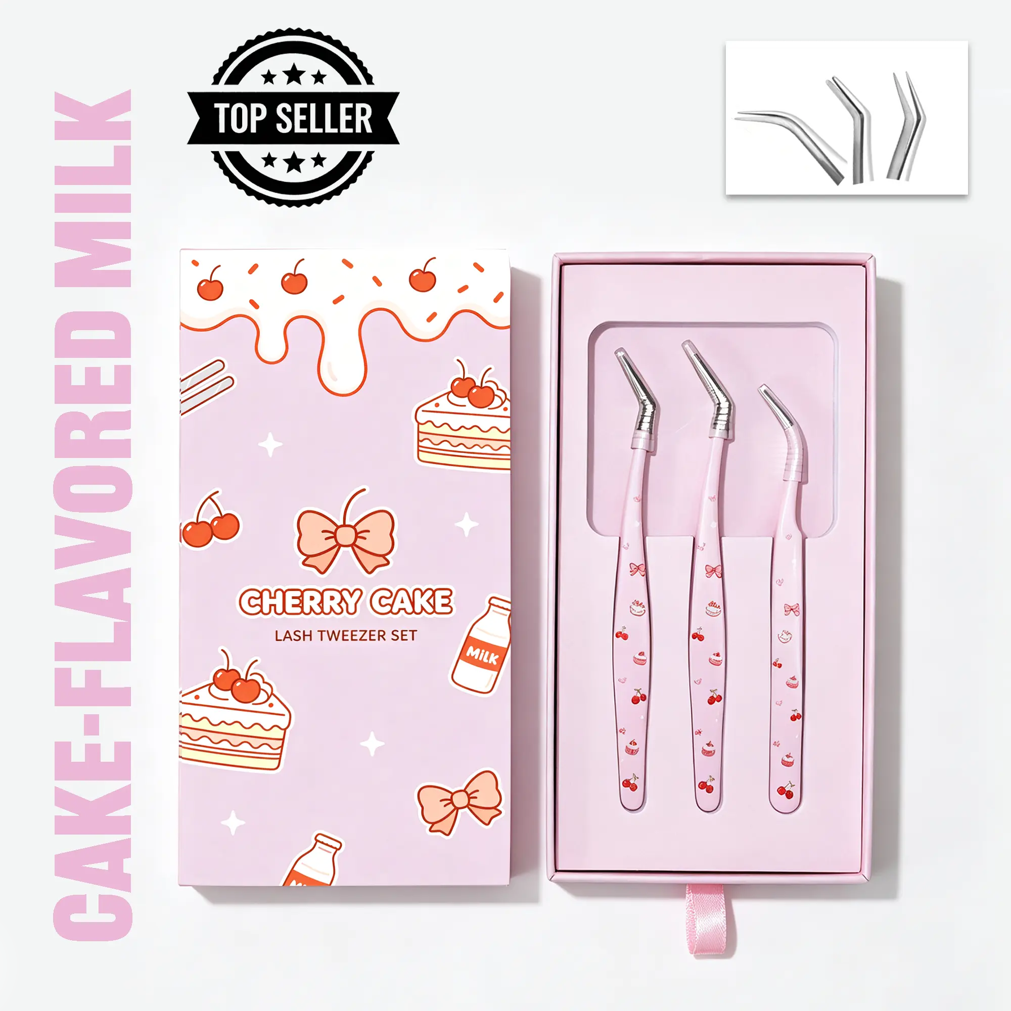 OceaNsy-Kawaii Cherry Bow Print Lash Tweezers Kit, Professional Volume Isolation Boot Lash Tweezers, Salon-Grade Beauty Gift Set for Makeup Artists