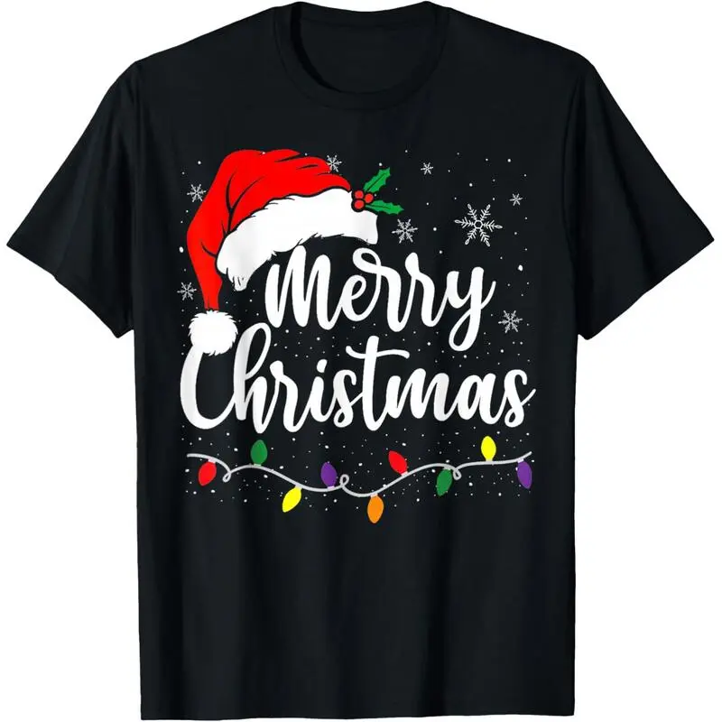 Women's Soft Graphic Print Christmas T-Shirt, Red Santa Hat & Merry Christmas Lights Design, Casual Tee for Women, Tshirt, Top