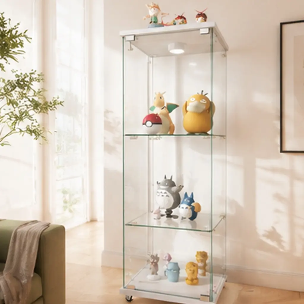 Modern Glass Display Cabinet with LED Lights, White Tempered Glass Bookshelf, 1-Door 3-Shelf, Quick Assembly, for Living Room Bedroom Office, 47.9H x 16.7L x 14.4W in, 5mm Thick Glass, 45lb Load per Shelf, with Remote Control