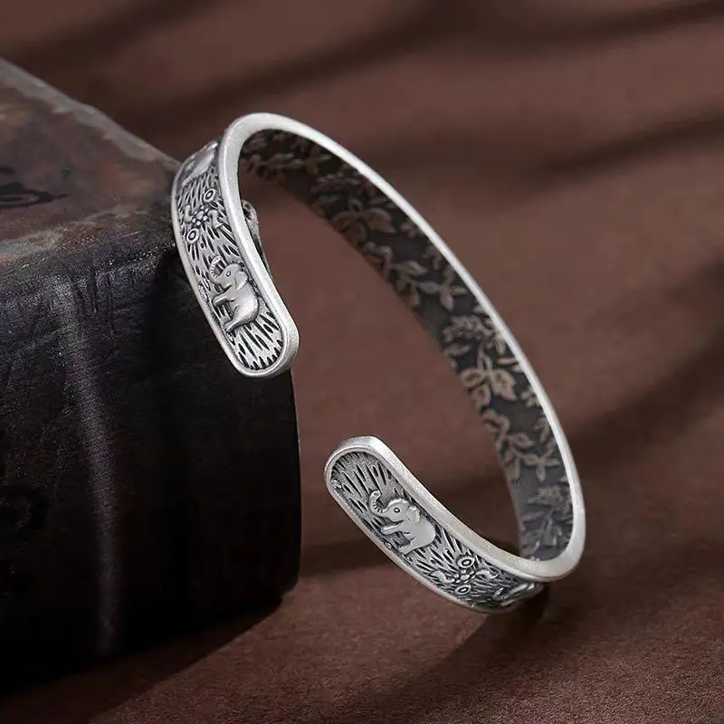 Vintage Oxidized Elephant Silver Cuff Bracelet for Women, Adjustable Open Boho Bangle, Engraved Lucky Thai Elephant Spiritual Jewelry, Antique Floral Embossed Open Cuff, Hypoallergenic Retro Lucky Charm Bracelet, Mother’s Day Birthday Gift for Her