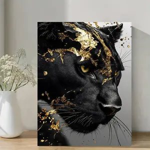 1 Piece Framed Black Panther Canvas Wall Painting-Gold Embellished Animal Pattern with Hook Installation, Modern Country Style Home Decoration Suitable for Living Room, Dining Room, Corridor-Luxury Wildlife Painting, Hemmed Canvas Frame, indoor Hanging De