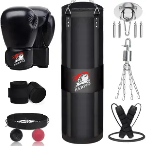 4FT Hanging Punching Bag for Adults, Unfilled Canvas Heavy Boxing Bag Set with 12oz Boxing Gloves Hand Wraps, Jump Rope, Reflex Ball for MMA Kickboxing Muay Thai Training Home